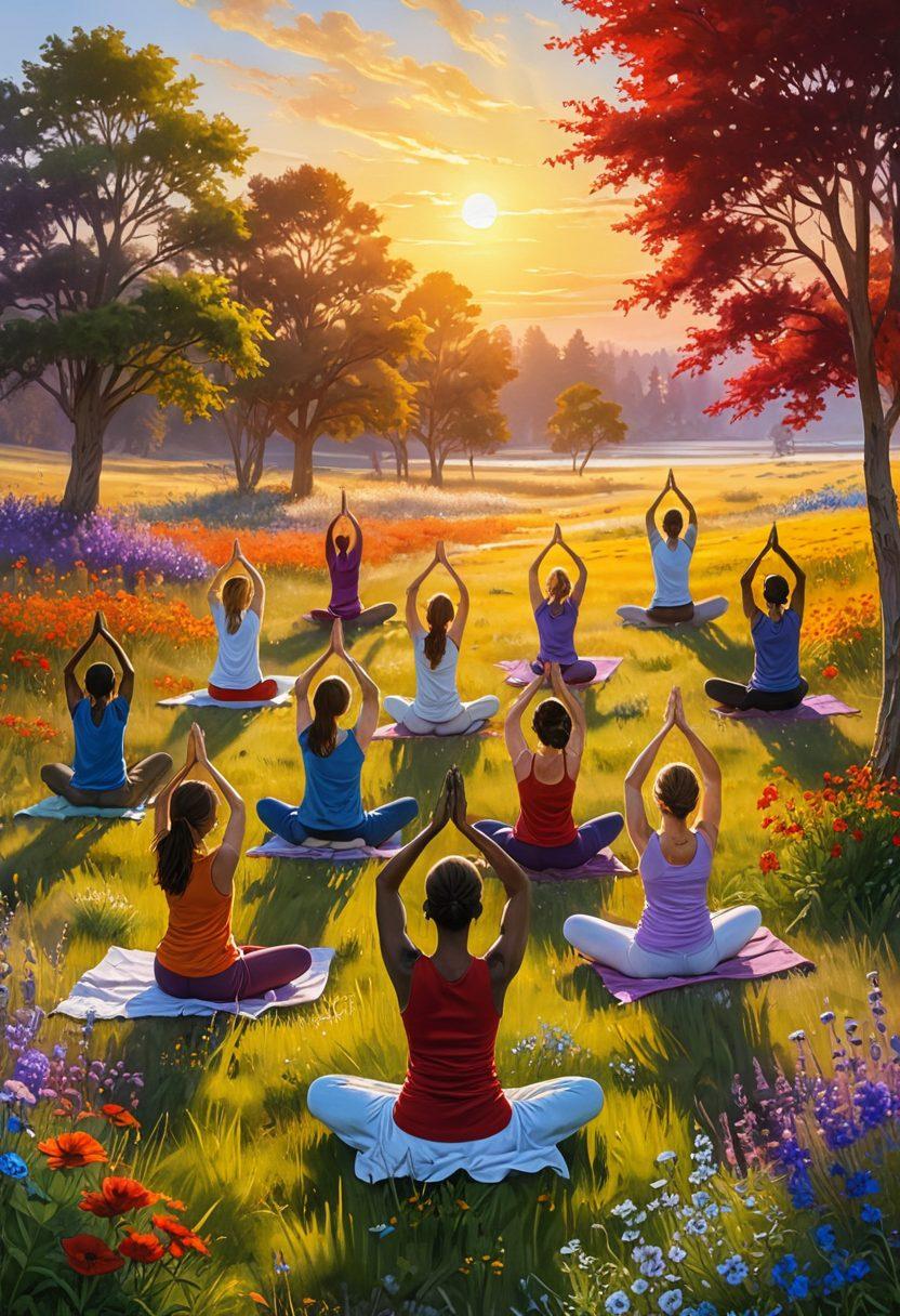 A serene landscape with a golden sunrise illuminating a peaceful meadow filled with colorful wildflowers. In the foreground, a diverse group of joyful people engaging in various activities like yoga, painting, and laughing together, showcasing the essence of happiness and connection. Soft, warm colors to evoke a sense of tranquility and bliss. super-realistic. vibrant colors.