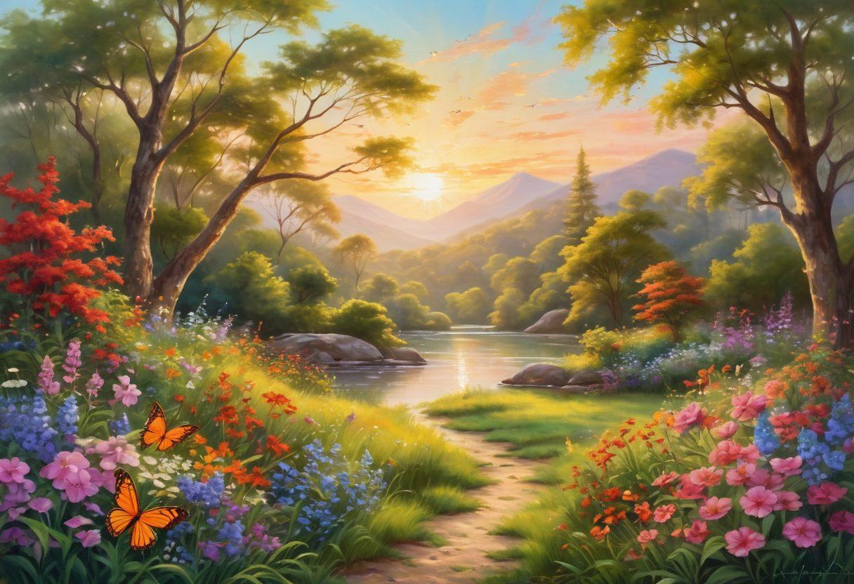 A serene landscape featuring a sunrise illuminating a joyful gathering of diverse people laughing and sharing moments of elation, surrounded by blooming flowers and lush greenery. Incorporate elements of mindfulness, like yoga poses and meditation, with soft, warm light symbolizing positivity. Include cheerful birds and butterflies fluttering around to enhance the feeling of joy and contentment. painting. vibrant colors.