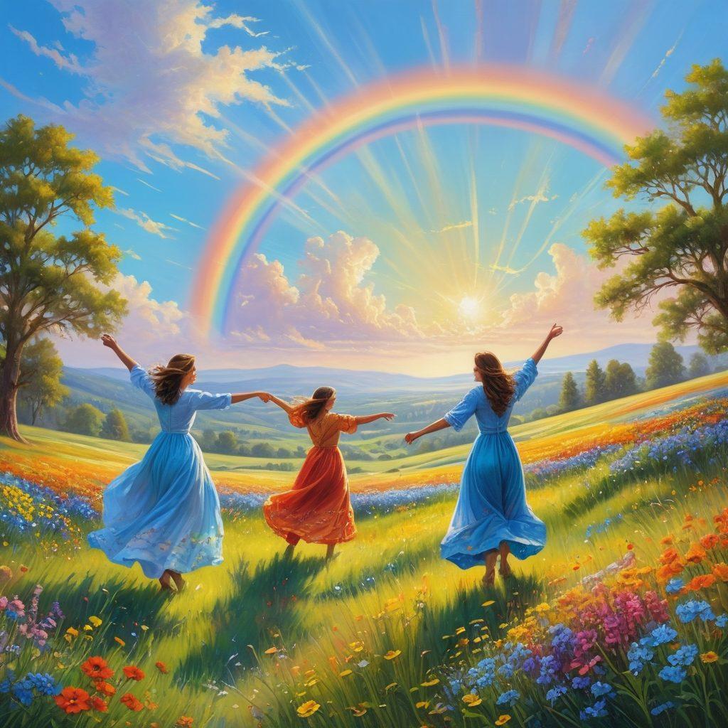A serene landscape featuring a sunlit meadow filled with colorful wildflowers, a gentle breeze causing the flowers to sway, and a rainbow in the clear blue sky. In the foreground, a diverse group of people joyfully engaging in activities like dancing, painting, and laughing, embodying the spirit of happiness. Bright and uplifting colors enhance the sense of joy and cheerfulness. vibrant colors. painting.